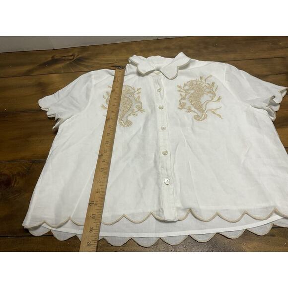Allison New York Ivory Scalloped Embroidered Seahorse Top Small - Picture 8 of 11